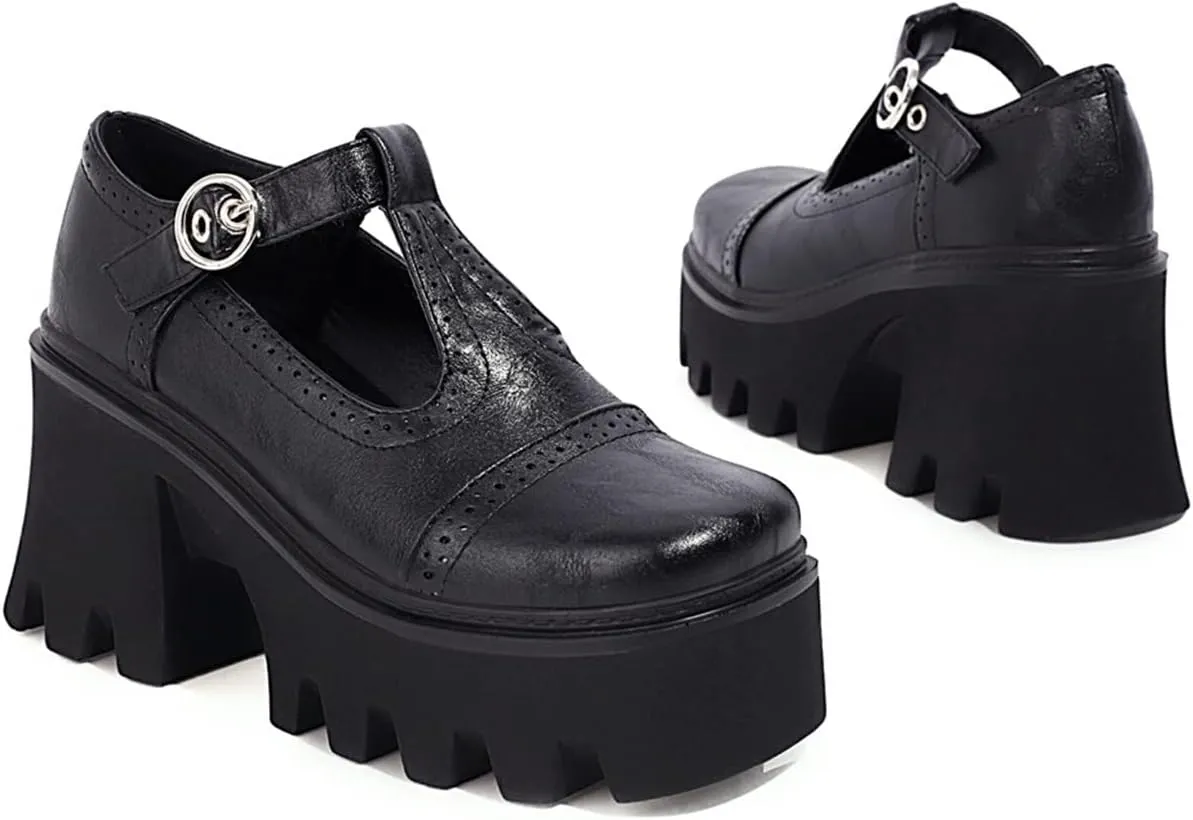 SHEMEE Women Platform Chunky Heel Mary Jane Pumps Vintage Square Toe Buckle Block High Heeled Gothic Shoes