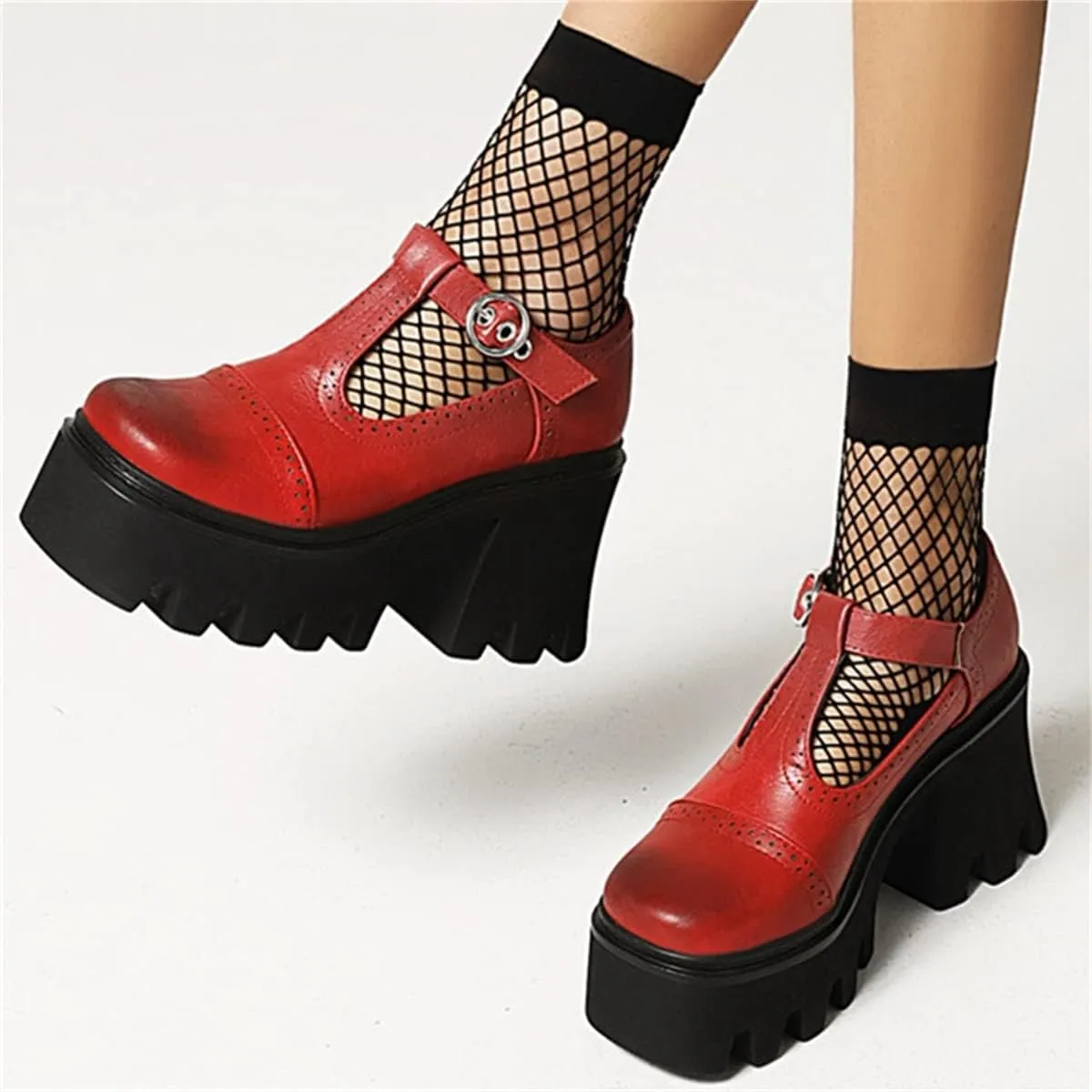 SHEMEE Women Platform Chunky Heel Mary Jane Pumps Vintage Square Toe Buckle Block High Heeled Gothic Shoes