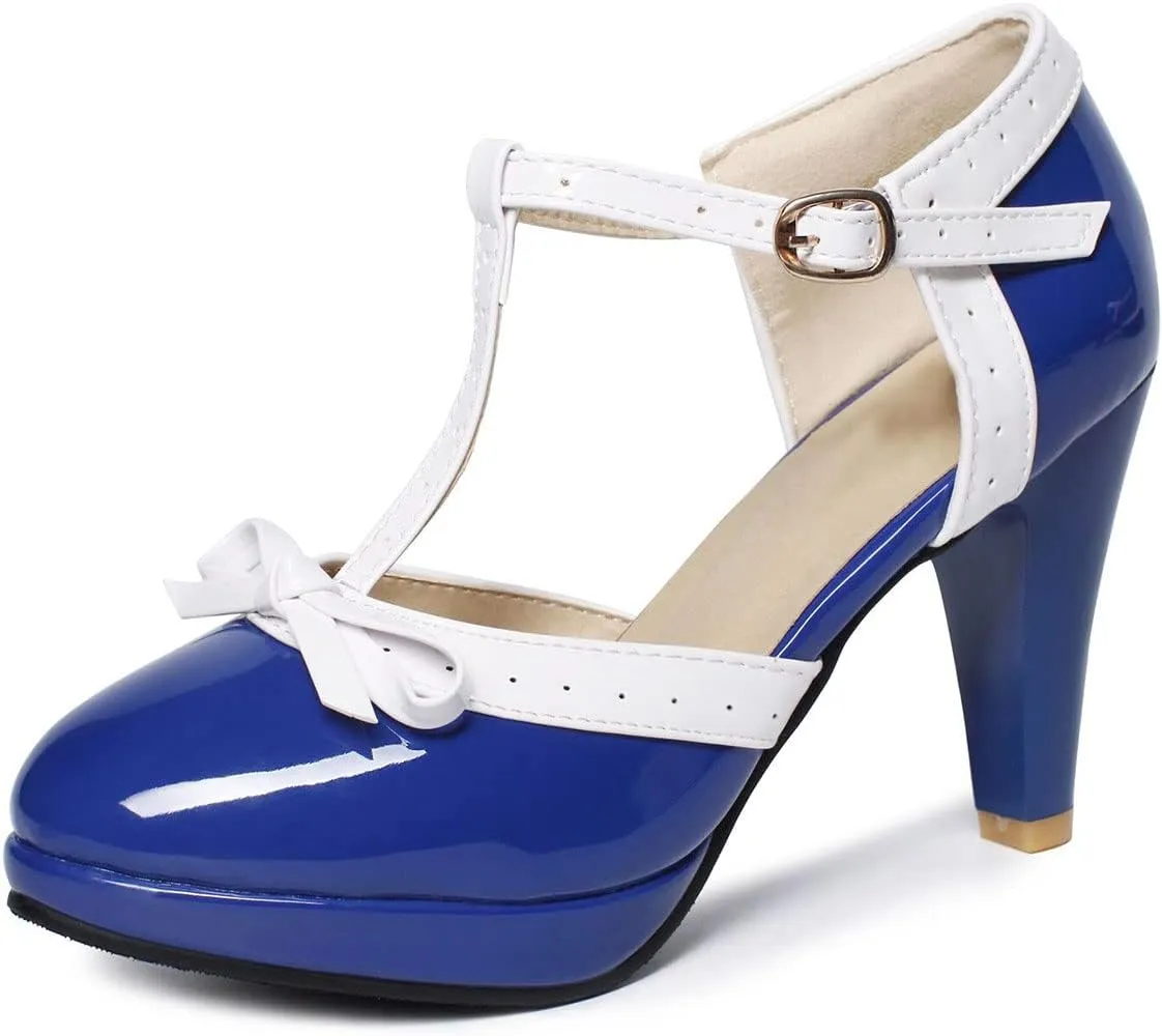 SHEMEE Women's Block High Heels T-Strap Mary Jane Pumps Chunky Platform Ankle Strap Round Toe Cute Bow Kawaii Cosplay Shoes