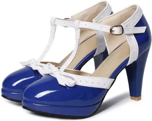 SHEMEE Women's Block High Heels T-Strap Mary Jane Pumps Chunky Platform Ankle Strap Round Toe Cute Bow Kawaii Cosplay Shoes