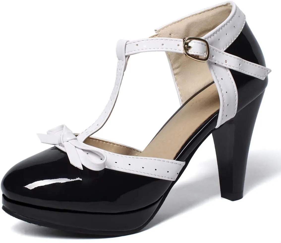 SHEMEE Women's Block High Heels T-Strap Mary Jane Pumps Chunky Platform Ankle Strap Round Toe Cute Bow Kawaii Cosplay Shoes