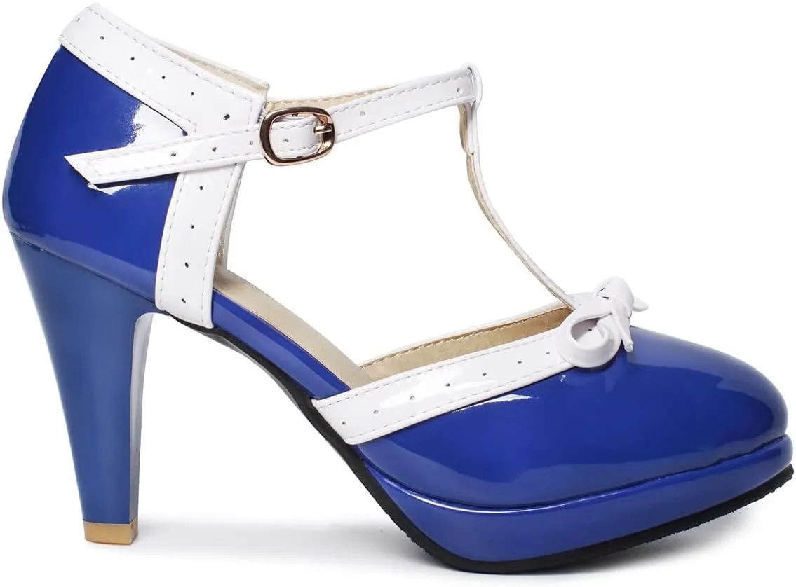 SHEMEE Women's Block High Heels T-Strap Mary Jane Pumps Chunky Platform Ankle Strap Round Toe Cute Bow Kawaii Cosplay Shoes