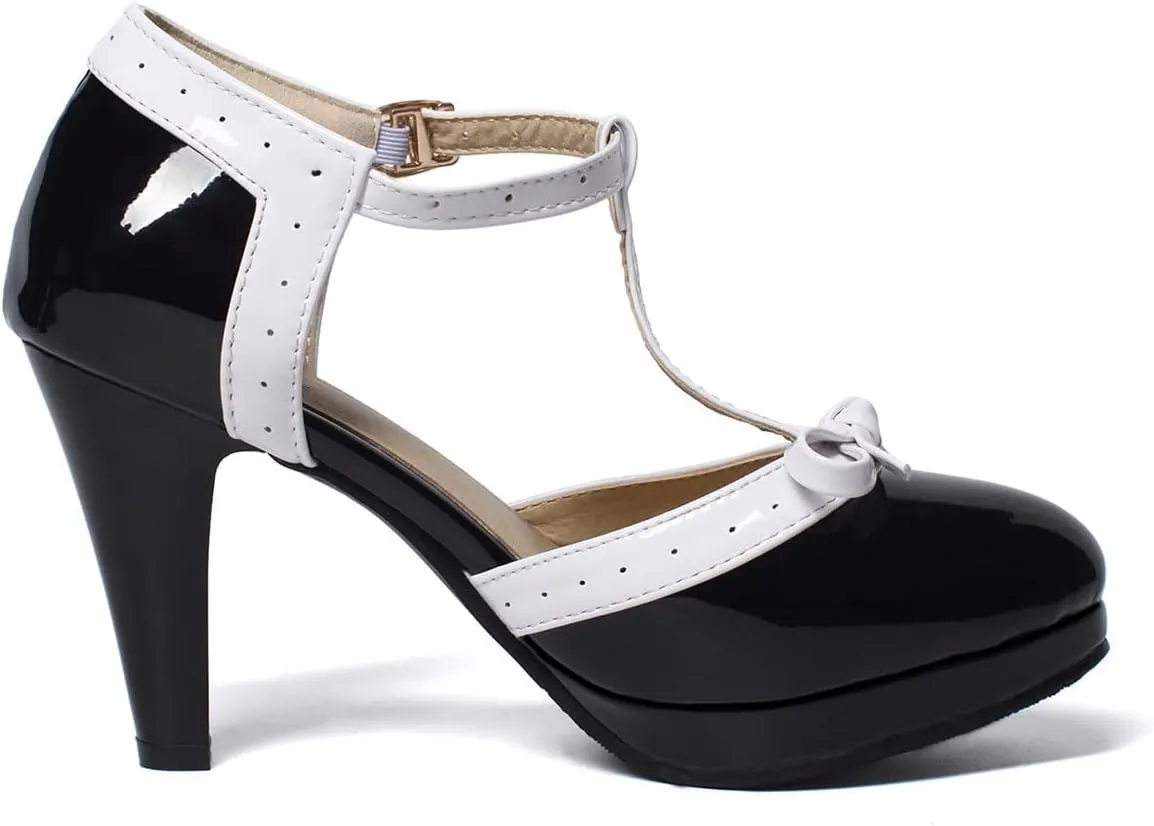 SHEMEE Women's Block High Heels T-Strap Mary Jane Pumps Chunky Platform Ankle Strap Round Toe Cute Bow Kawaii Cosplay Shoes