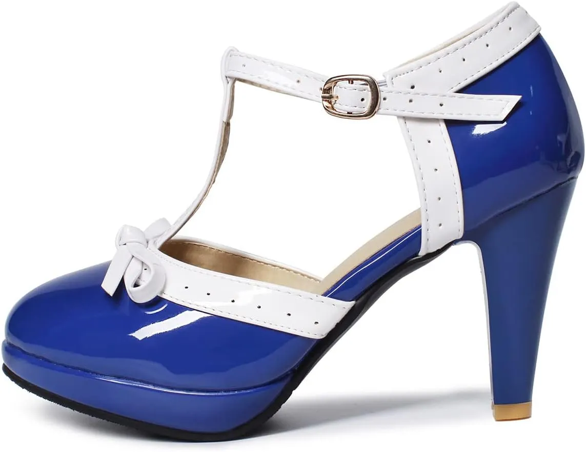 SHEMEE Women's Block High Heels T-Strap Mary Jane Pumps Chunky Platform Ankle Strap Round Toe Cute Bow Kawaii Cosplay Shoes
