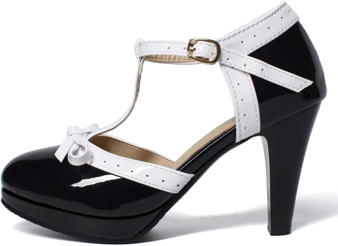 SHEMEE Women's Block High Heels T-Strap Mary Jane Pumps Chunky Platform Ankle Strap Round Toe Cute Bow Kawaii Cosplay Shoes