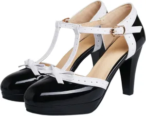 SHEMEE Women's Block High Heels T-Strap Mary Jane Pumps Chunky Platform Ankle Strap Round Toe Cute Bow Kawaii Cosplay Shoes