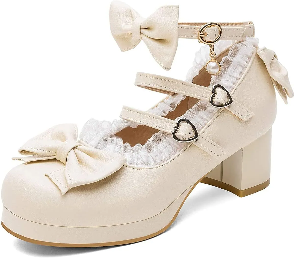 SHEMEE Women's Kawaii Sweet Bow Cosplay Dress Shoes Chunky Platform Mid Block Heels Buckle Ankle Strap Mary Jane Pumps