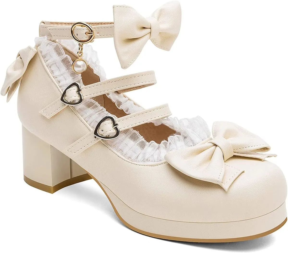 SHEMEE Women's Kawaii Sweet Bow Cosplay Dress Shoes Chunky Platform Mid Block Heels Buckle Ankle Strap Mary Jane Pumps