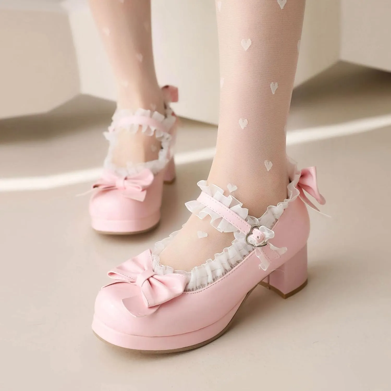 SHEMEE Women's Kawaii Sweet Bow Cosplay Dress Shoes Chunky Platform Mid Block Heels Buckle Ankle Strap Mary Jane Pumps