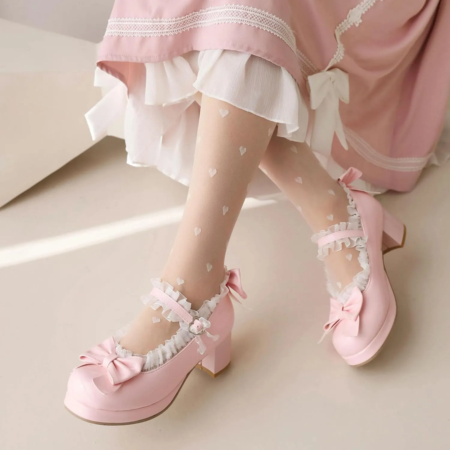 SHEMEE Women's Kawaii Sweet Bow Cosplay Dress Shoes Chunky Platform Mid Block Heels Buckle Ankle Strap Mary Jane Pumps