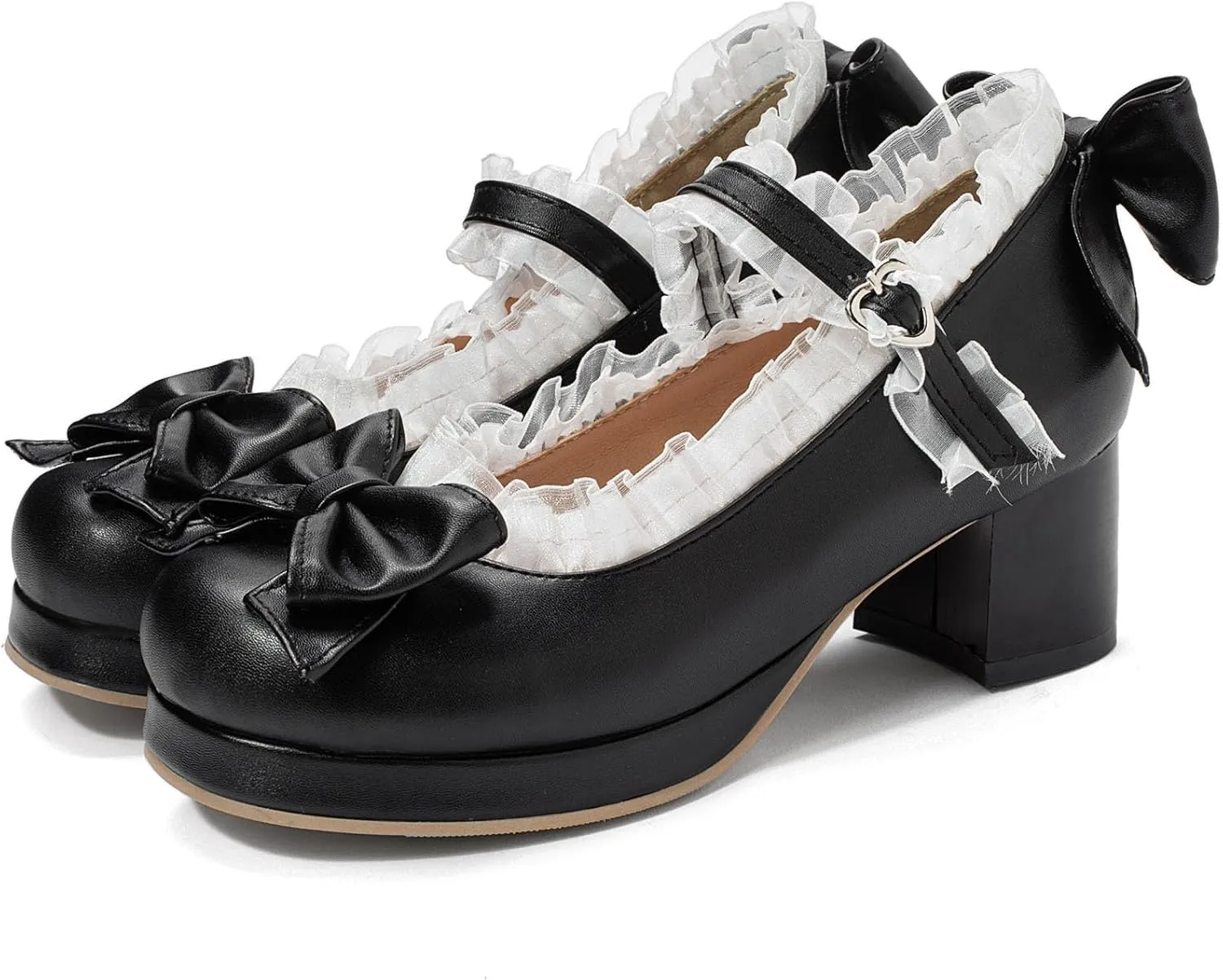 SHEMEE Women's Kawaii Sweet Bow Cosplay Dress Shoes Chunky Platform Mid Block Heels Buckle Ankle Strap Mary Jane Pumps