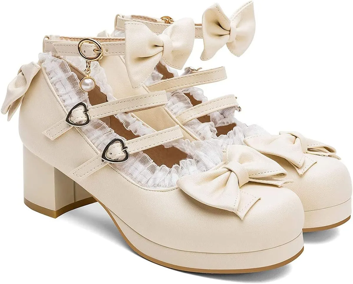 SHEMEE Women's Kawaii Sweet Bow Cosplay Dress Shoes Chunky Platform Mid Block Heels Buckle Ankle Strap Mary Jane Pumps