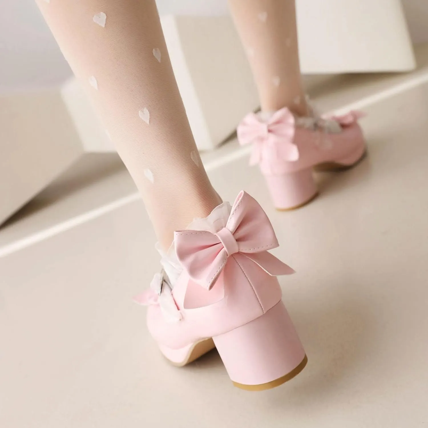SHEMEE Women's Kawaii Sweet Bow Cosplay Dress Shoes Chunky Platform Mid Block Heels Buckle Ankle Strap Mary Jane Pumps
