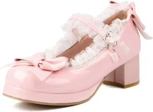 SHEMEE Women's Kawaii Sweet Bow Cosplay Dress Shoes Chunky Platform Mid Block Heels Buckle Ankle Strap Mary Jane Pumps