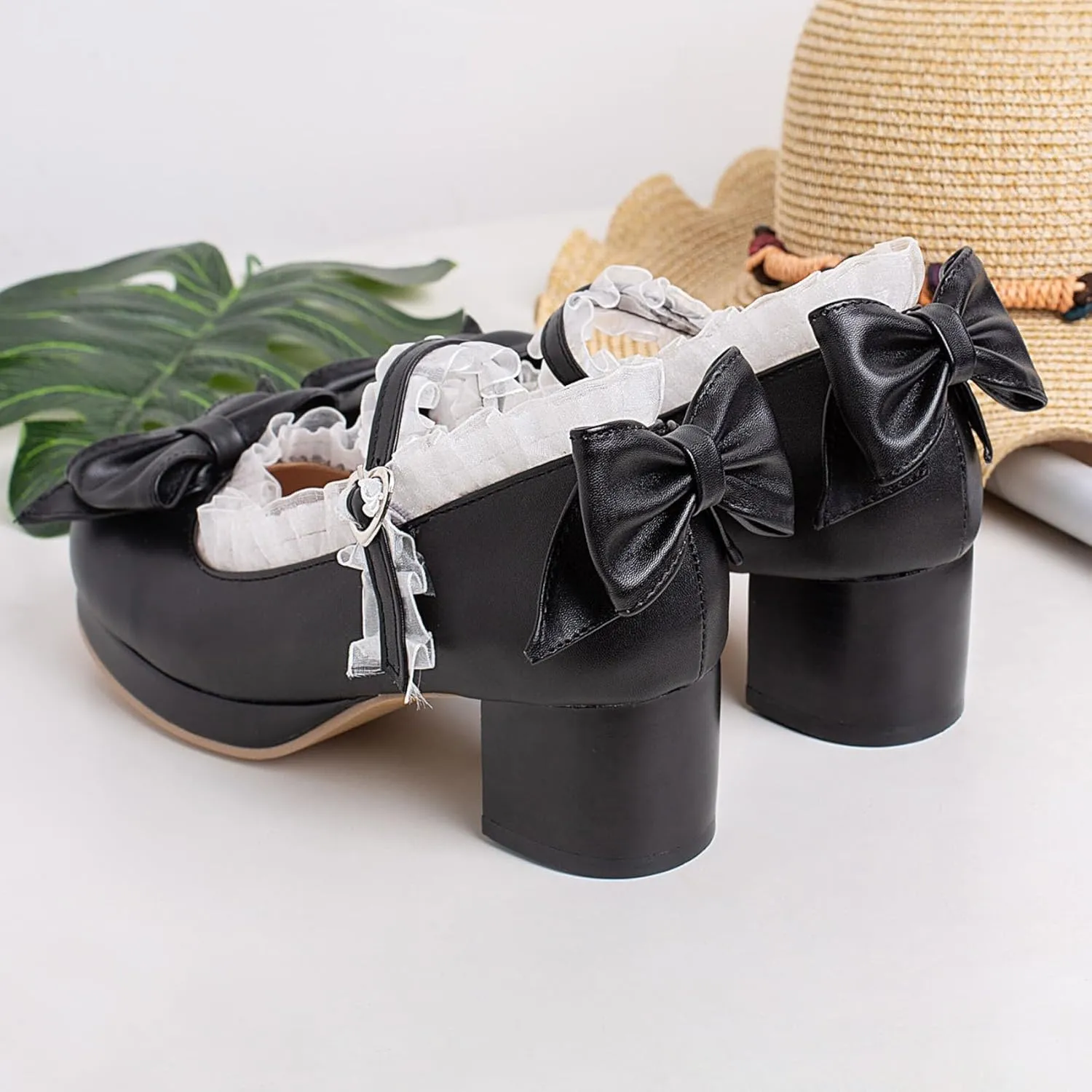 SHEMEE Women's Kawaii Sweet Bow Cosplay Dress Shoes Chunky Platform Mid Block Heels Buckle Ankle Strap Mary Jane Pumps