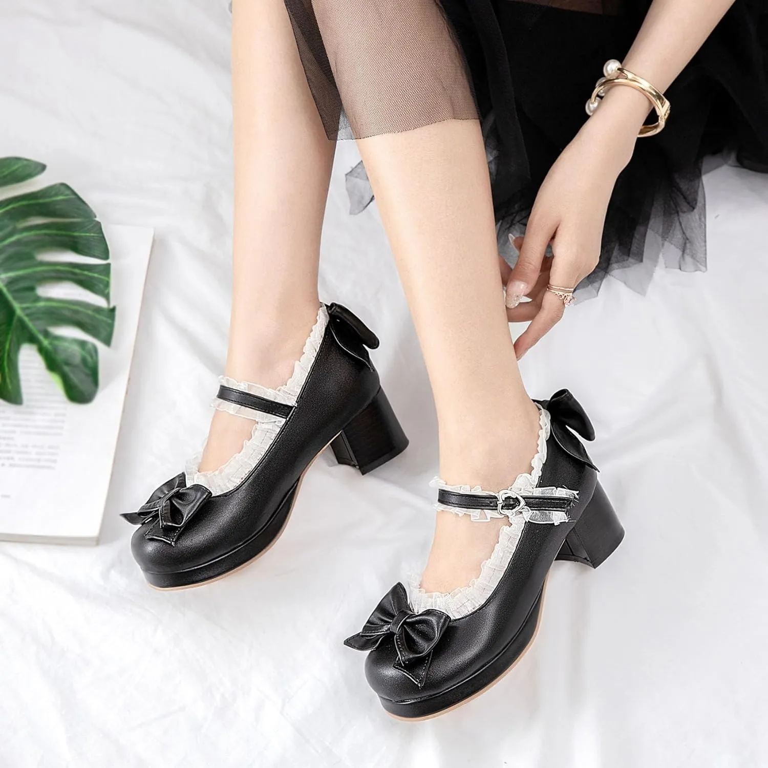 SHEMEE Women's Kawaii Sweet Bow Cosplay Dress Shoes Chunky Platform Mid Block Heels Buckle Ankle Strap Mary Jane Pumps