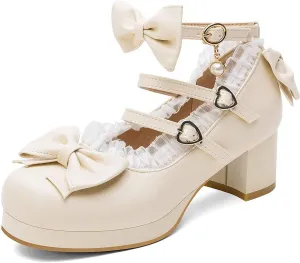 SHEMEE Women's Kawaii Sweet Bow Cosplay Dress Shoes Chunky Platform Mid Block Heels Buckle Ankle Strap Mary Jane Pumps