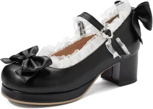 SHEMEE Women's Kawaii Sweet Bow Cosplay Dress Shoes Chunky Platform Mid Block Heels Buckle Ankle Strap Mary Jane Pumps