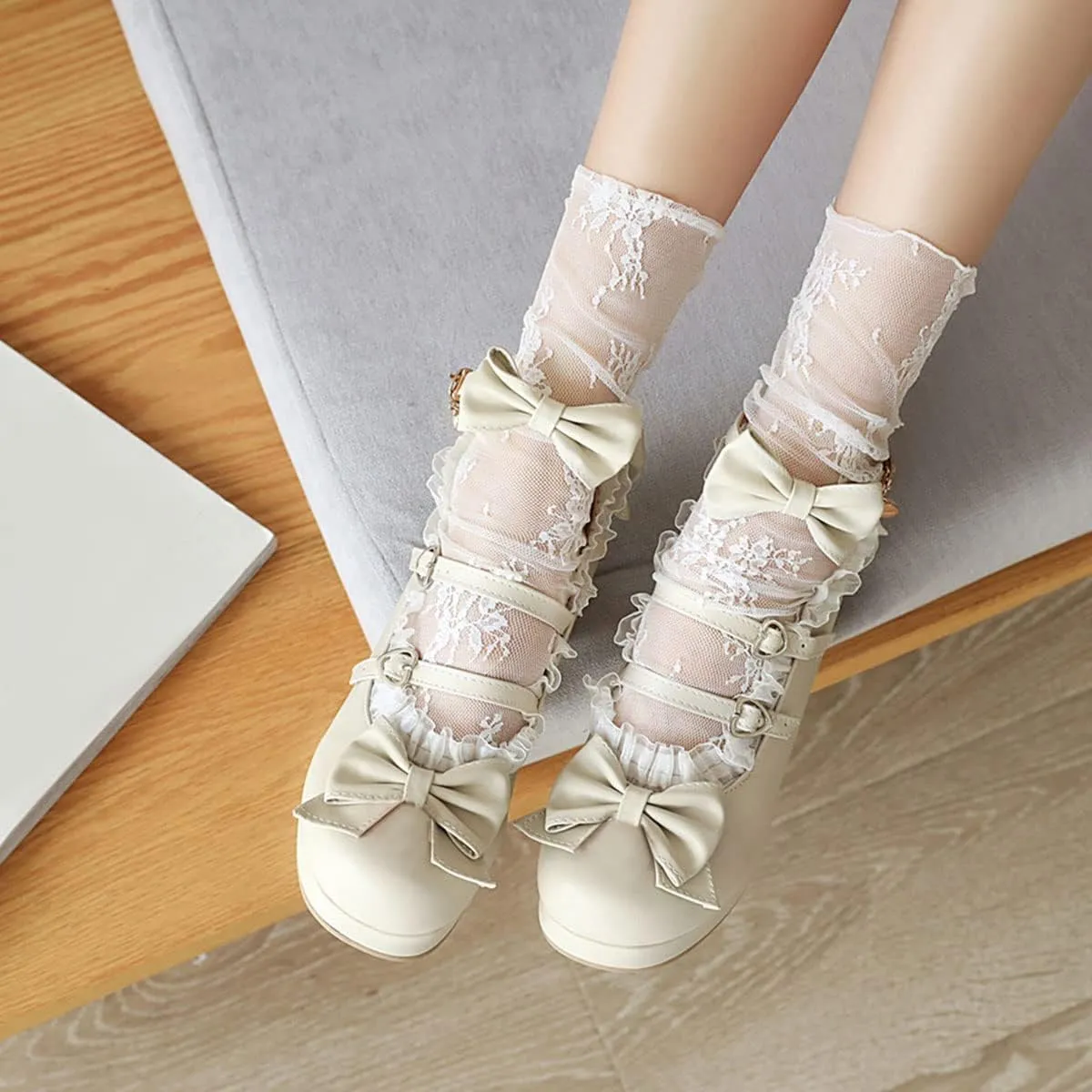 SHEMEE Women's Kawaii Sweet Bow Cosplay Dress Shoes Chunky Platform Mid Block Heels Buckle Ankle Strap Mary Jane Pumps
