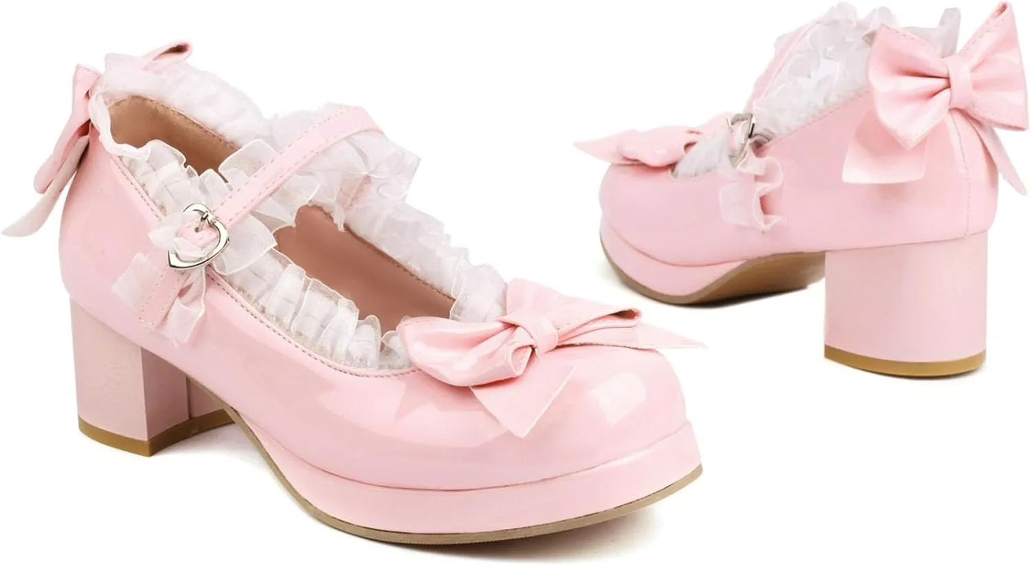SHEMEE Women's Kawaii Sweet Bow Cosplay Dress Shoes Chunky Platform Mid Block Heels Buckle Ankle Strap Mary Jane Pumps