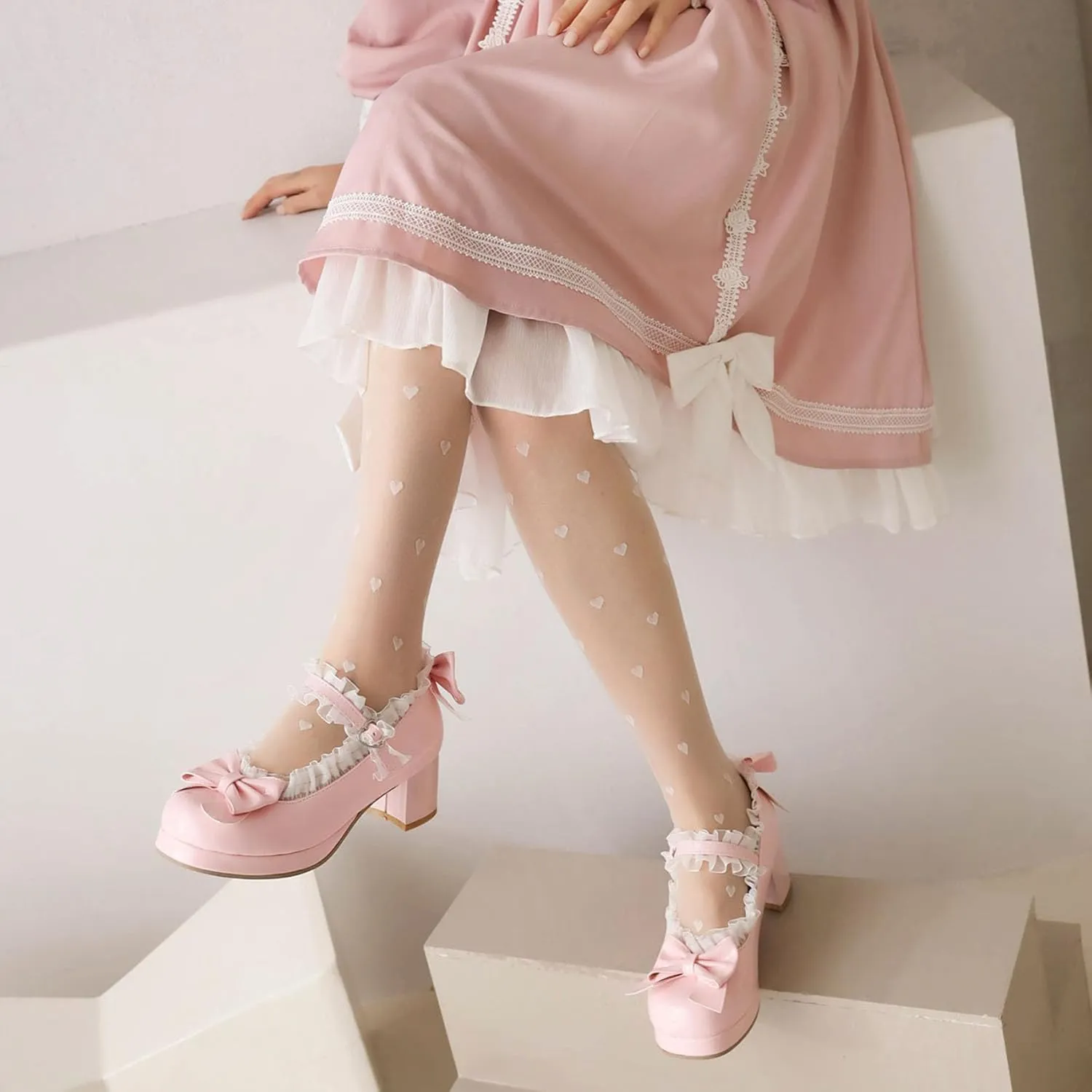SHEMEE Women's Kawaii Sweet Bow Cosplay Dress Shoes Chunky Platform Mid Block Heels Buckle Ankle Strap Mary Jane Pumps