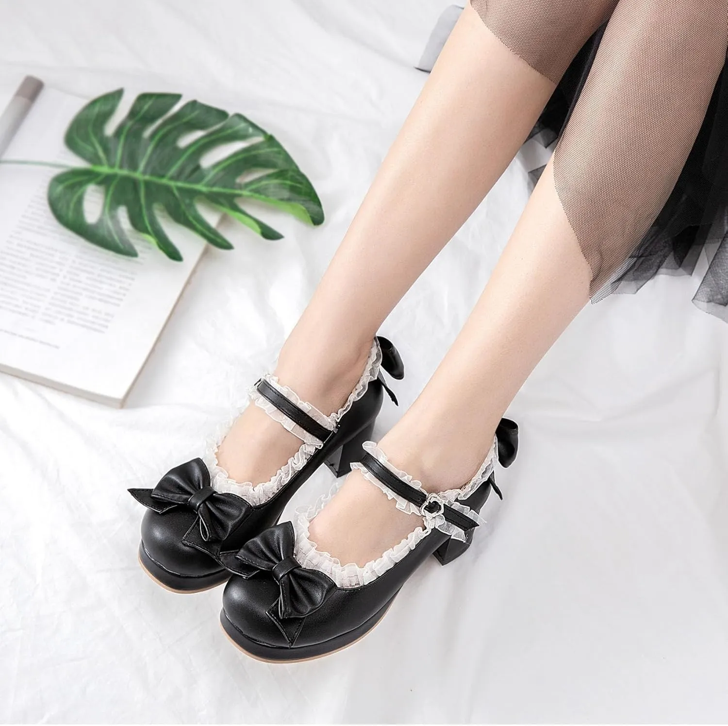SHEMEE Women's Kawaii Sweet Bow Cosplay Dress Shoes Chunky Platform Mid Block Heels Buckle Ankle Strap Mary Jane Pumps