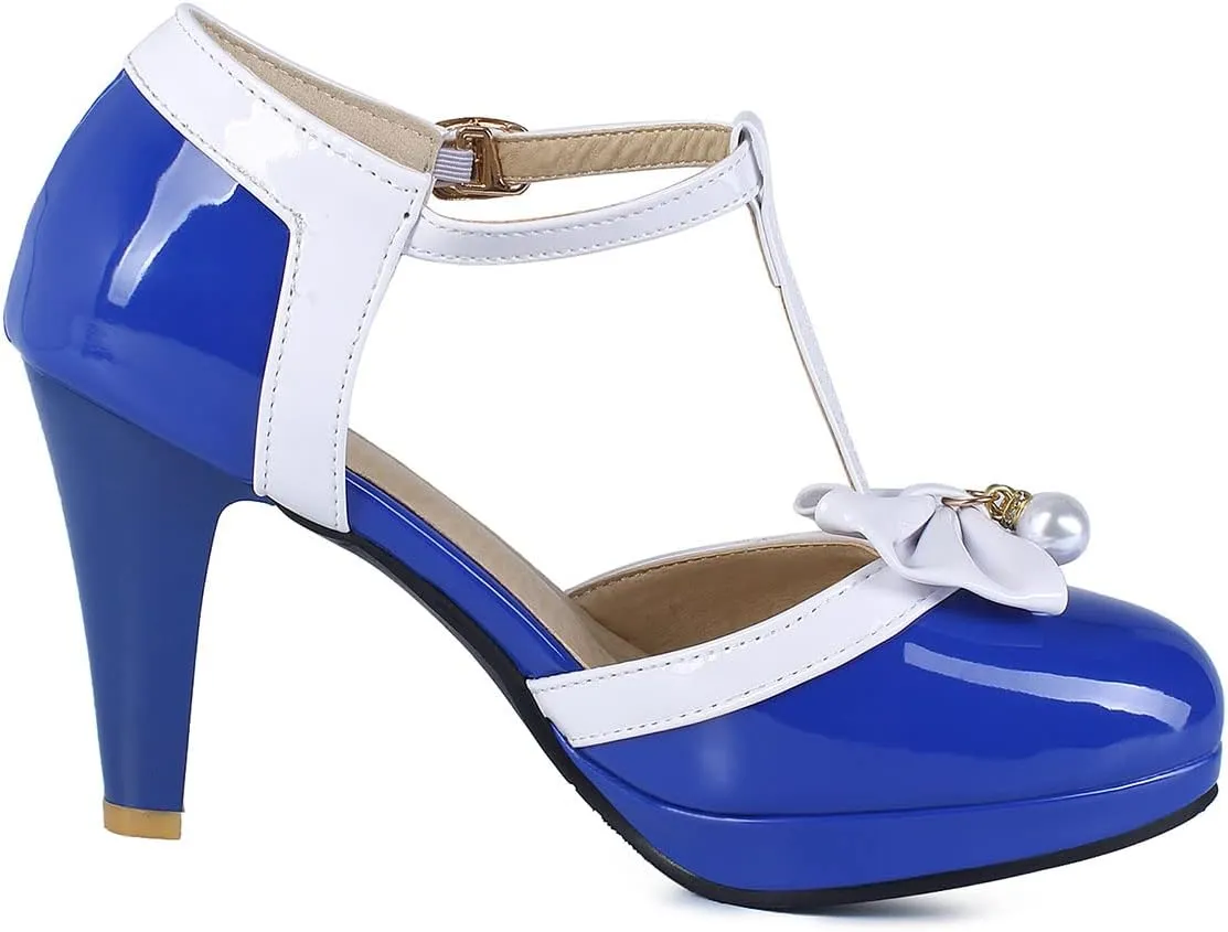 SHEMEE Women's Patent Leather T-Strap Mary Jane Pumps Chunky High Heel Platform Ankle Strap Buckle Round Toe Cute Bow Kawaii Cosplay Shoes