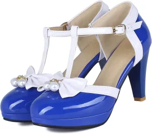 SHEMEE Women's Patent Leather T-Strap Mary Jane Pumps Chunky High Heel Platform Ankle Strap Buckle Round Toe Cute Bow Kawaii Cosplay Shoes
