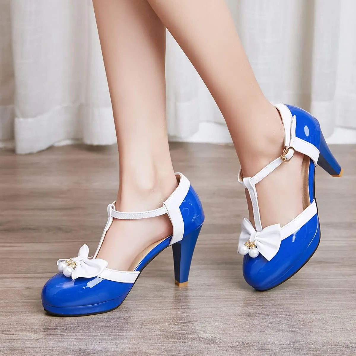 SHEMEE Women's Patent Leather T-Strap Mary Jane Pumps Chunky High Heel Platform Ankle Strap Buckle Round Toe Cute Bow Kawaii Cosplay Shoes