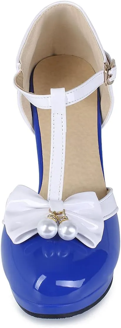 SHEMEE Women's Patent Leather T-Strap Mary Jane Pumps Chunky High Heel Platform Ankle Strap Buckle Round Toe Cute Bow Kawaii Cosplay Shoes