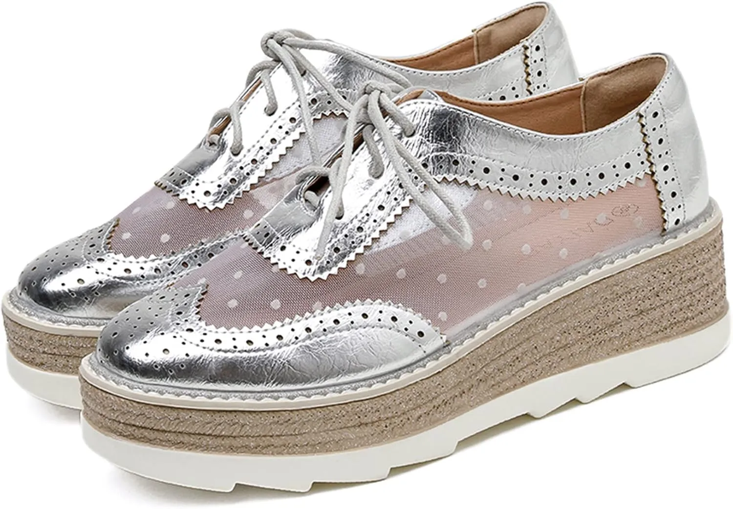 SHEMEE Women's Platform Patent Leather Lace Up Oxfords Pumps Vintage Wingtip Mid Heels Round Toe Brogues Flat Dress Shoes