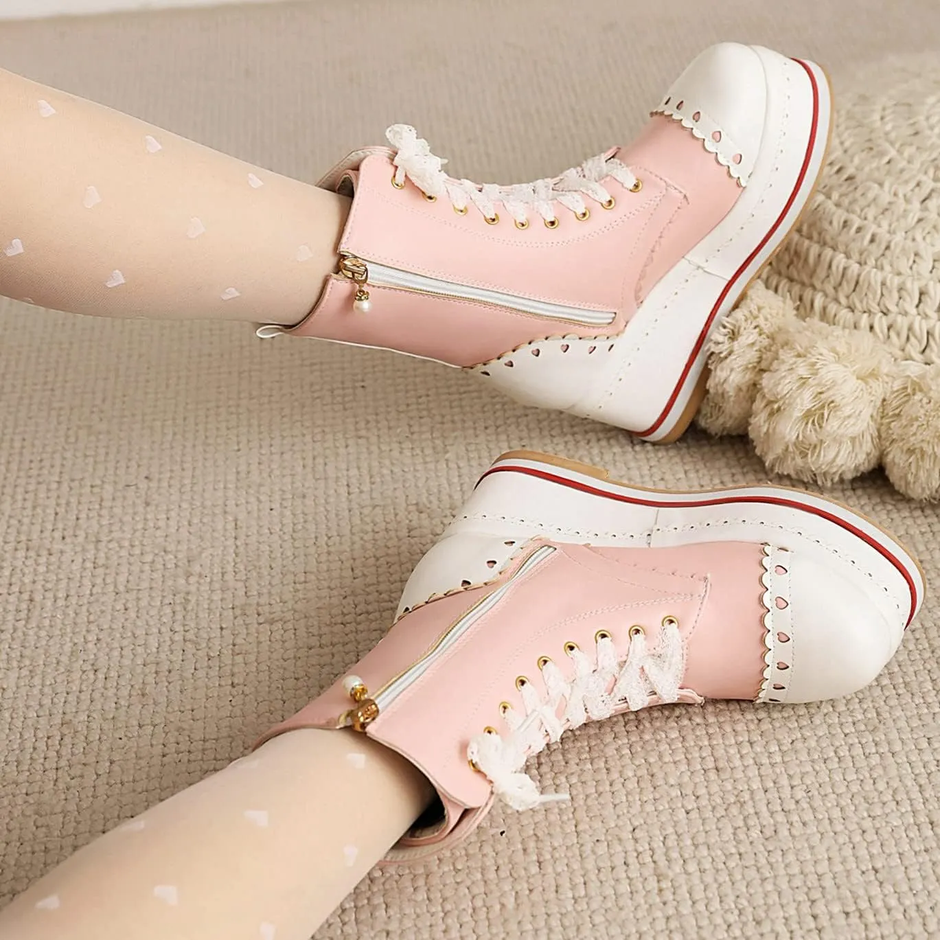 SHEMEE Women's Sweet Cute Platform Hidden Wedge Ankle Boots Lace Up High Heels Round Toe Booties Side Zip Kawaii Shoes