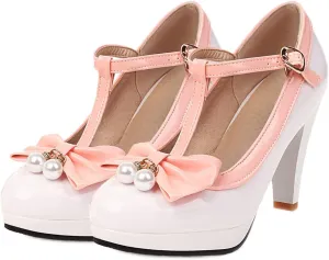 SHEMEE Women's T-Strap Buckle Patent Leather Mary Jane Pumps Chunky High Heel Platform Round Toe Cute Bow Kawaii Cosplay Shoes
