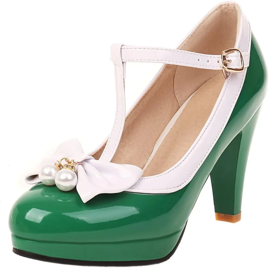 SHEMEE Women's T-Strap Buckle Patent Leather Mary Jane Pumps Chunky High Heel Platform Round Toe Cute Bow Kawaii Cosplay Shoes