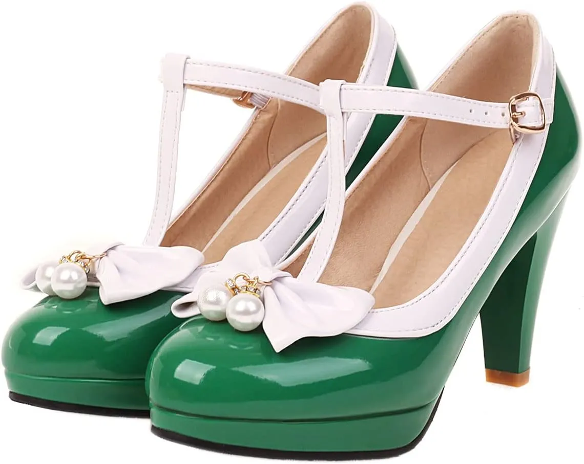 SHEMEE Women's T-Strap Buckle Patent Leather Mary Jane Pumps Chunky High Heel Platform Round Toe Cute Bow Kawaii Cosplay Shoes