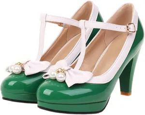 SHEMEE Women's T-Strap Buckle Patent Leather Mary Jane Pumps Chunky High Heel Platform Round Toe Cute Bow Kawaii Cosplay Shoes