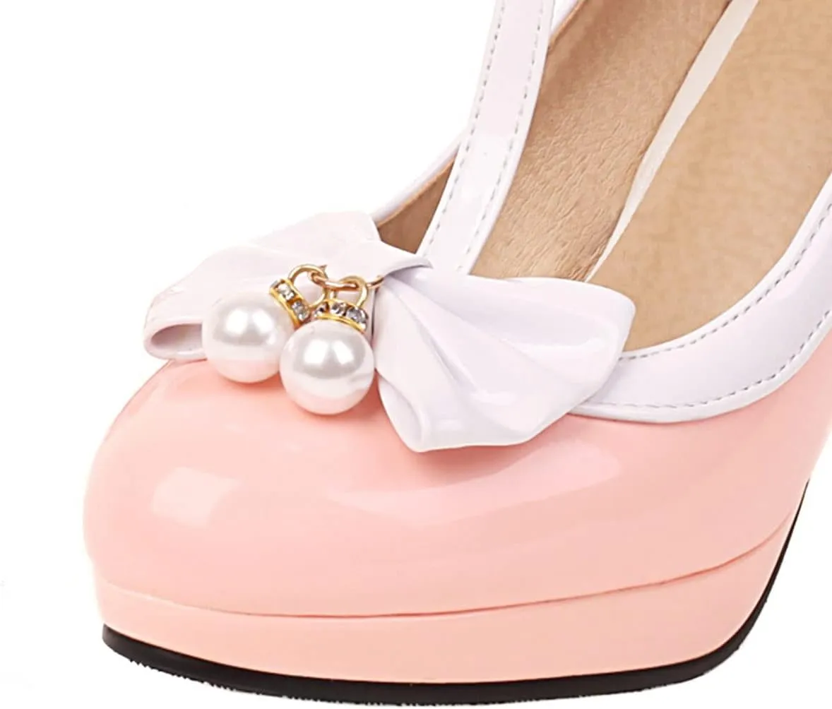 SHEMEE Women's T-Strap Buckle Patent Leather Mary Jane Pumps Chunky High Heel Platform Round Toe Cute Bow Kawaii Cosplay Shoes