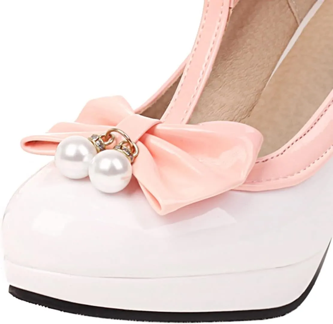 SHEMEE Women's T-Strap Buckle Patent Leather Mary Jane Pumps Chunky High Heel Platform Round Toe Cute Bow Kawaii Cosplay Shoes