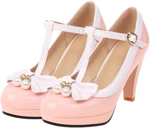 SHEMEE Women's T-Strap Buckle Patent Leather Mary Jane Pumps Chunky High Heel Platform Round Toe Cute Bow Kawaii Cosplay Shoes