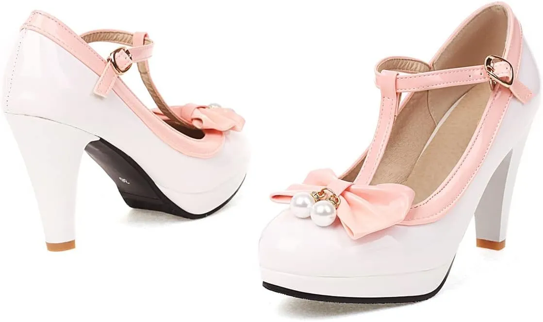 SHEMEE Women's T-Strap Buckle Patent Leather Mary Jane Pumps Chunky High Heel Platform Round Toe Cute Bow Kawaii Cosplay Shoes