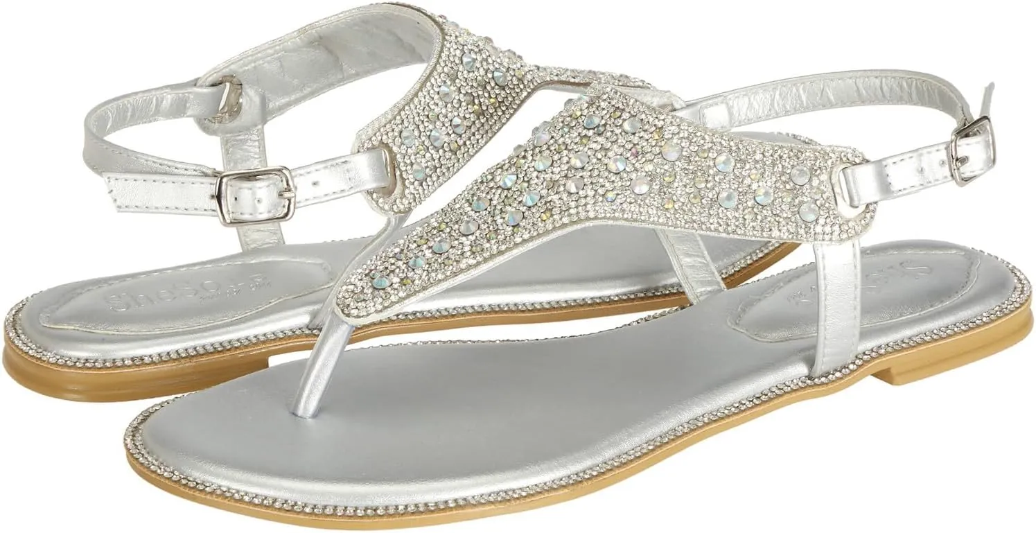 SheSole Women's Silver Thong Sandals Dressy Summer Bling Rhinestone Flat Wedding Shoes