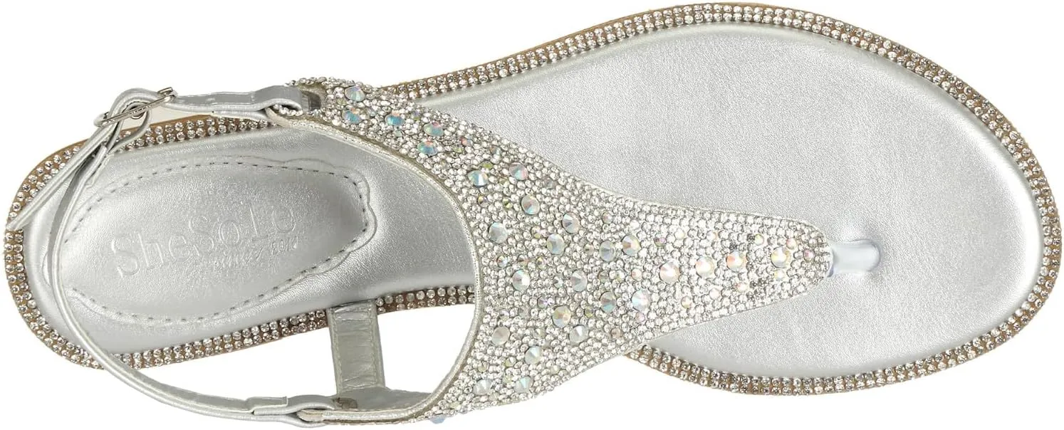 SheSole Women's Silver Thong Sandals Dressy Summer Bling Rhinestone Flat Wedding Shoes