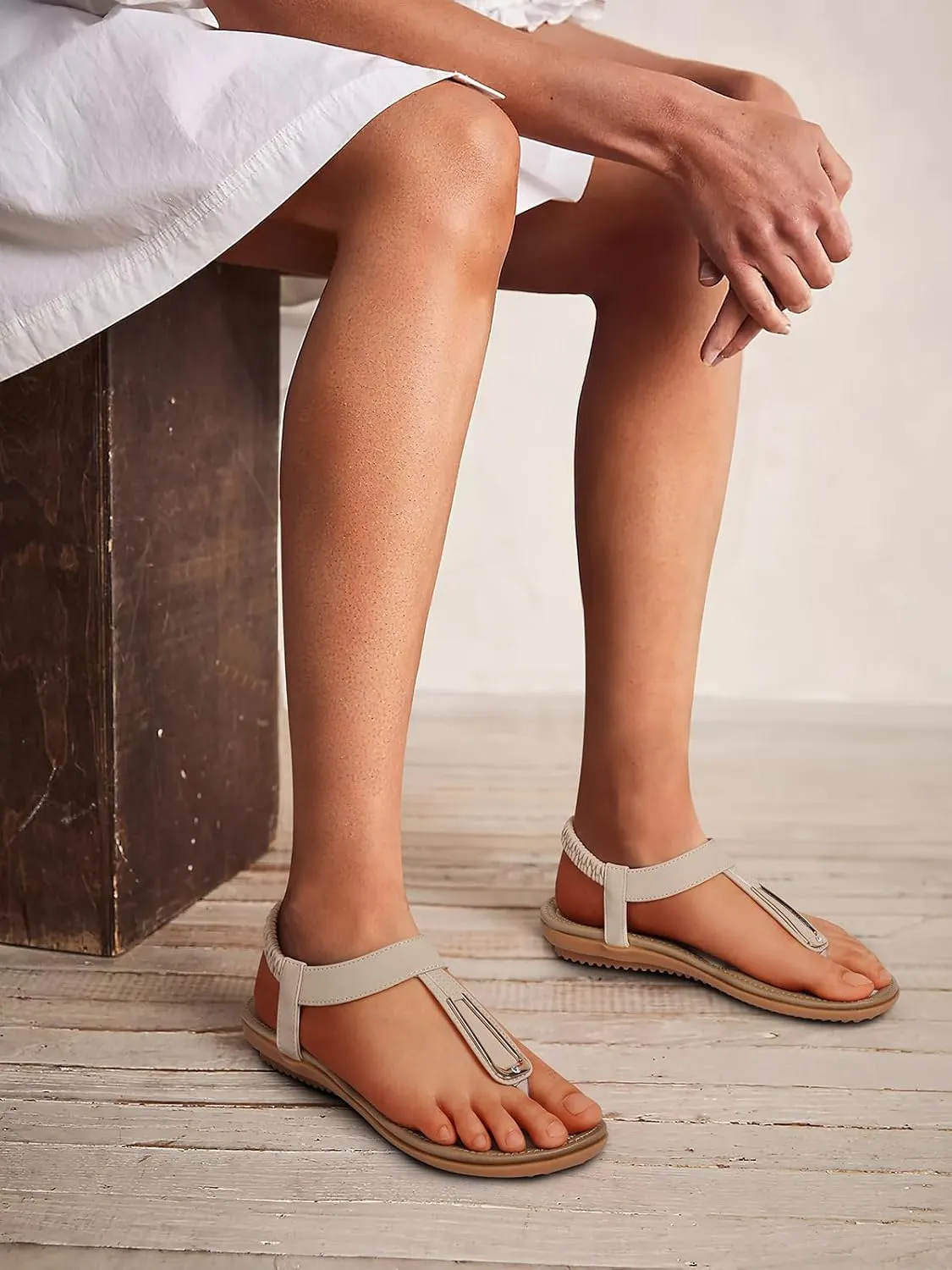 SHIBEVER Womens Sandals Summer Flat: Dressy Casual T-Strap Flip Flop Thong Flats Sandals - Comfortable Walking