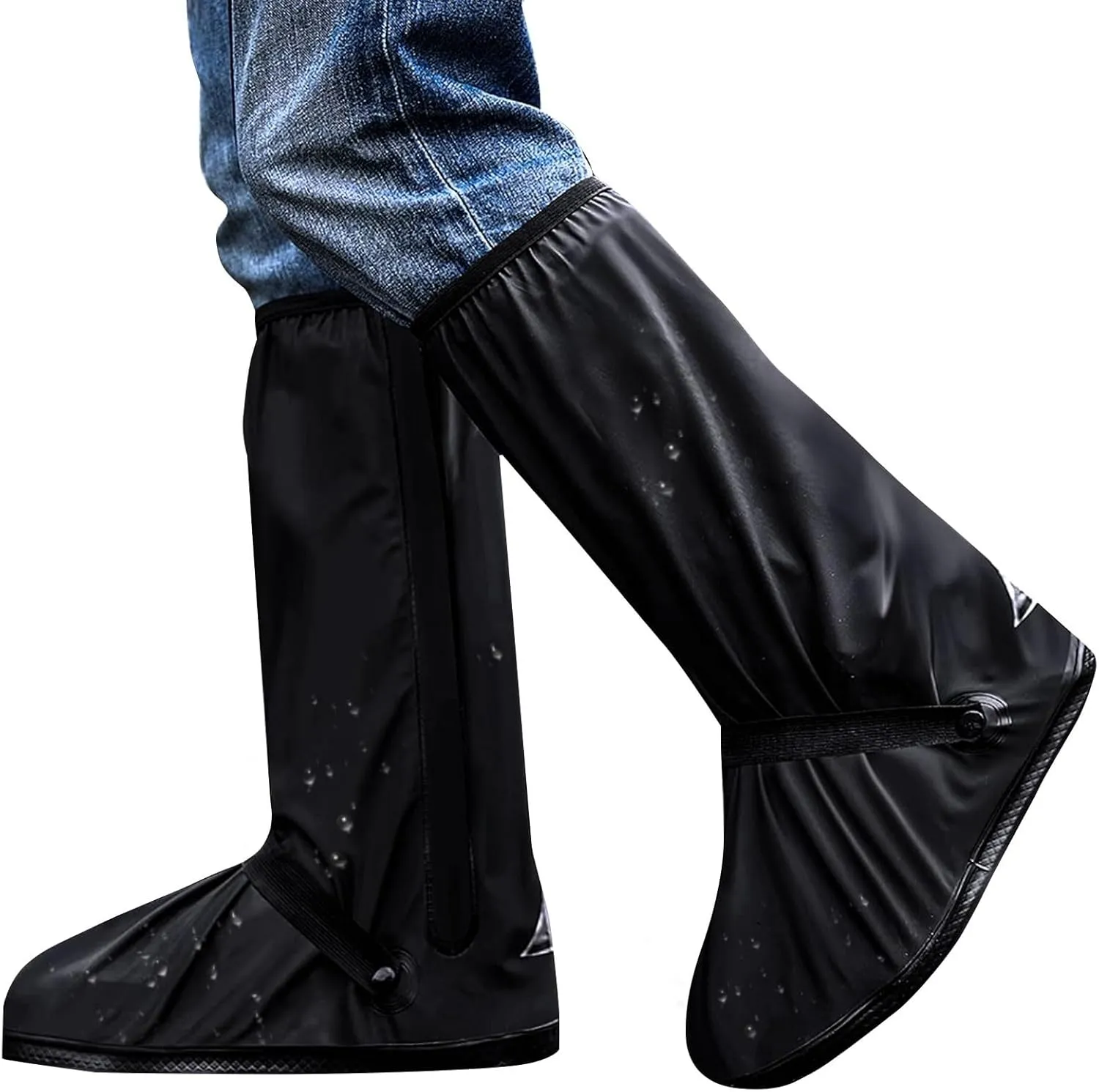 Shoe Covers with Zipper Long pattern Waterproof Shoe Covers Reusable Cycling Galoshes for Rainy and Snowy Outdoors Garden etc, Rain Boots for Men Women Kid(Black, Large)