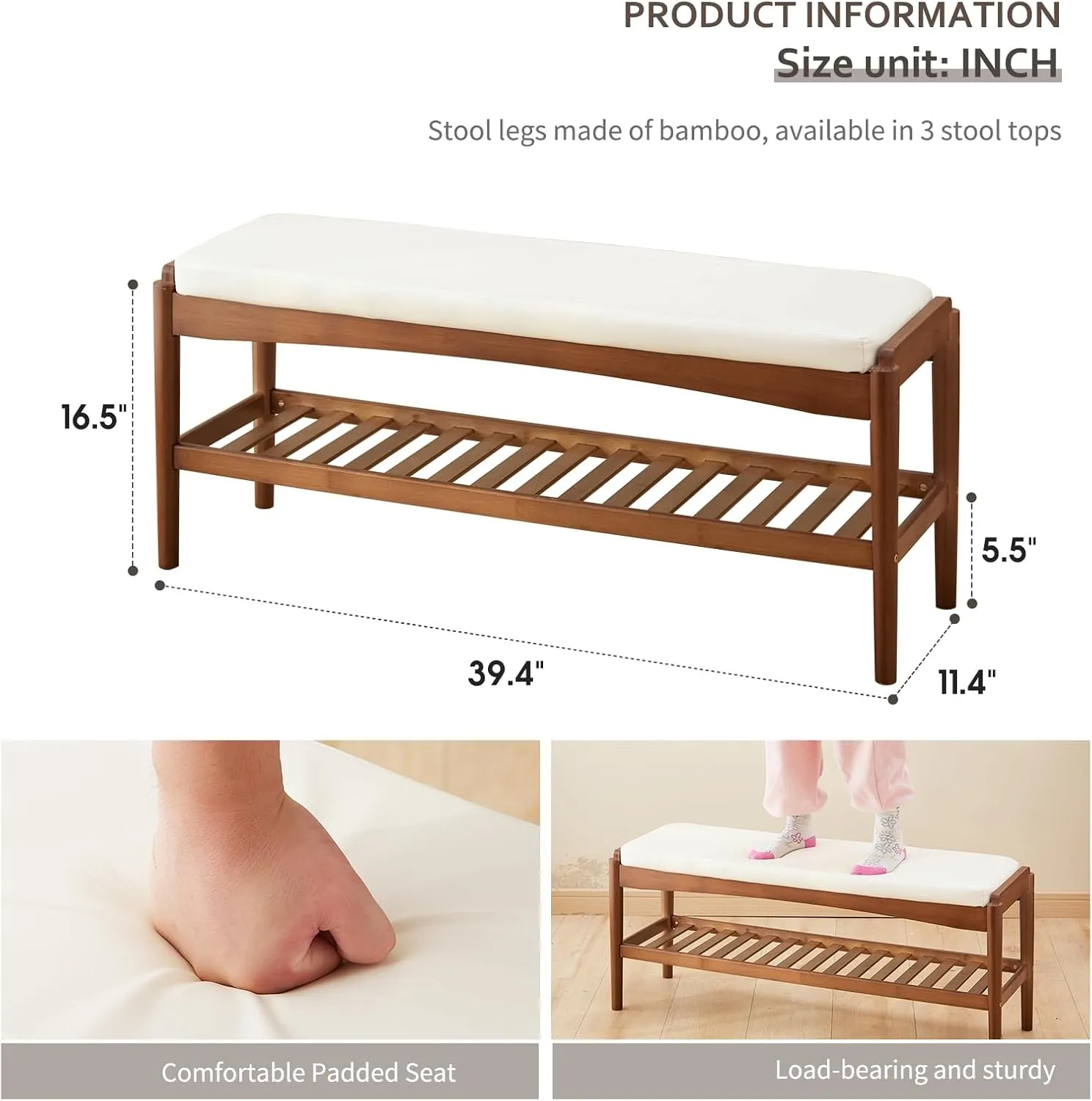 Shoe Rack Bench Entryway Bamboo Shoe Storage Bench with Leather Cushion 2 Tiers Shoe Rack Entryway Bench for Hallway, Living Room,Bedroom(Beige Bench top Brown Frame)
