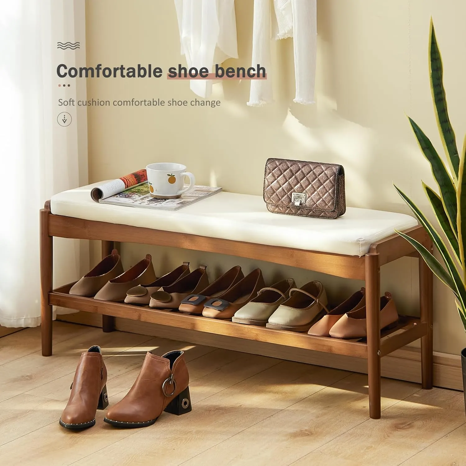 Shoe Rack Bench Entryway Bamboo Shoe Storage Bench with Leather Cushion 2 Tiers Shoe Rack Entryway Bench for Hallway, Living Room,Bedroom(Beige Bench top Brown Frame)