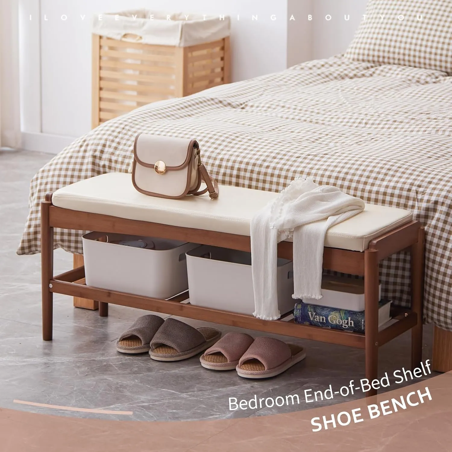 Shoe Rack Bench Entryway Bamboo Shoe Storage Bench with Leather Cushion 2 Tiers Shoe Rack Entryway Bench for Hallway, Living Room,Bedroom(Beige Bench top Brown Frame)
