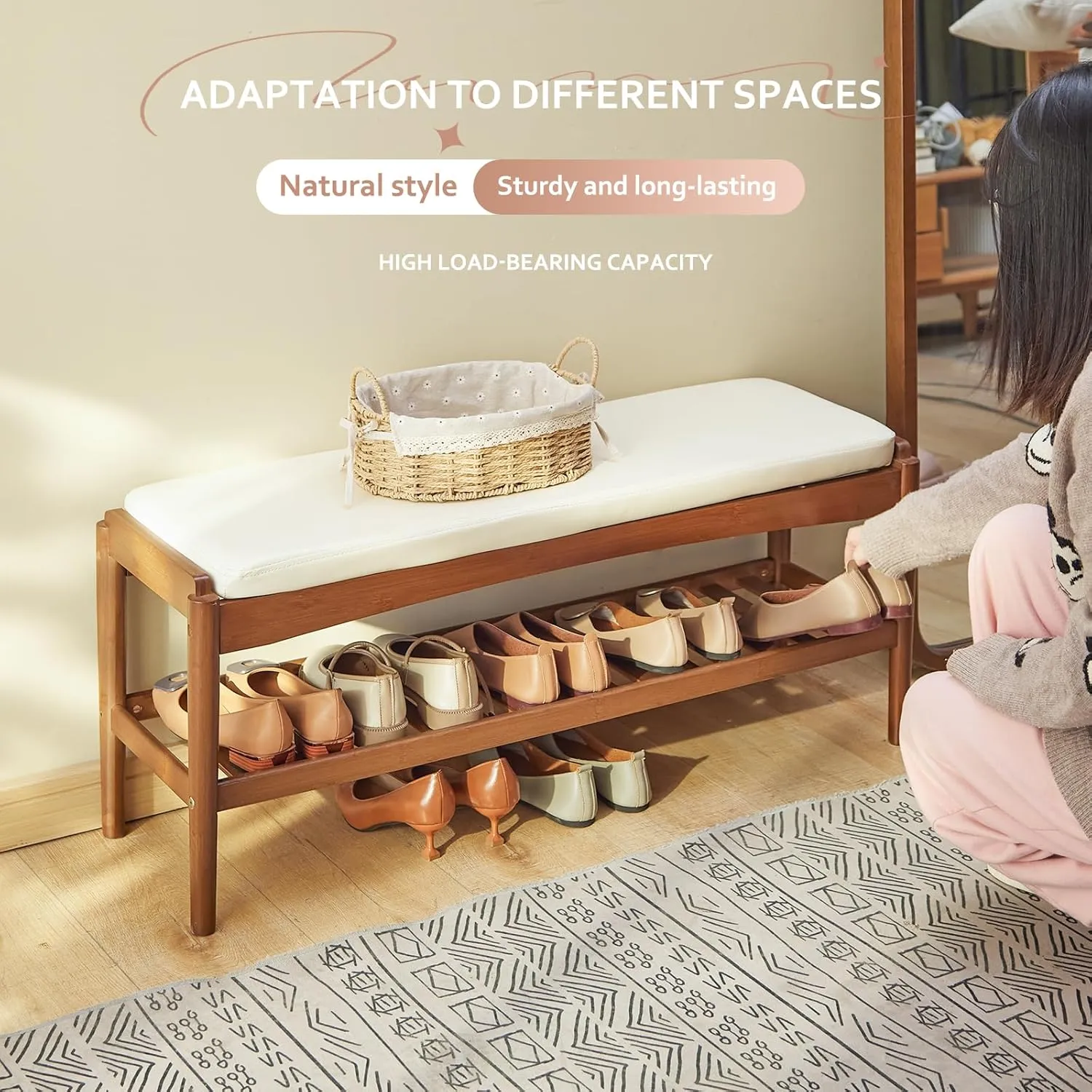 Shoe Rack Bench Entryway Bamboo Shoe Storage Bench with Leather Cushion 2 Tiers Shoe Rack Entryway Bench for Hallway, Living Room,Bedroom(Beige Bench top Brown Frame)