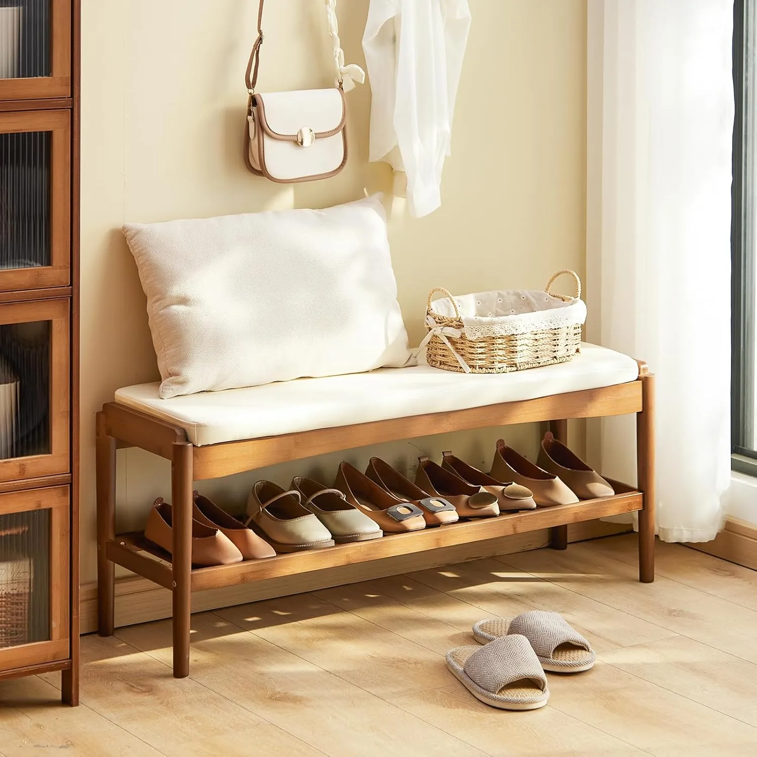 Shoe Rack Bench Entryway Bamboo Shoe Storage Bench with Leather Cushion 2 Tiers Shoe Rack Entryway Bench for Hallway, Living Room,Bedroom(Beige Bench top Brown Frame)