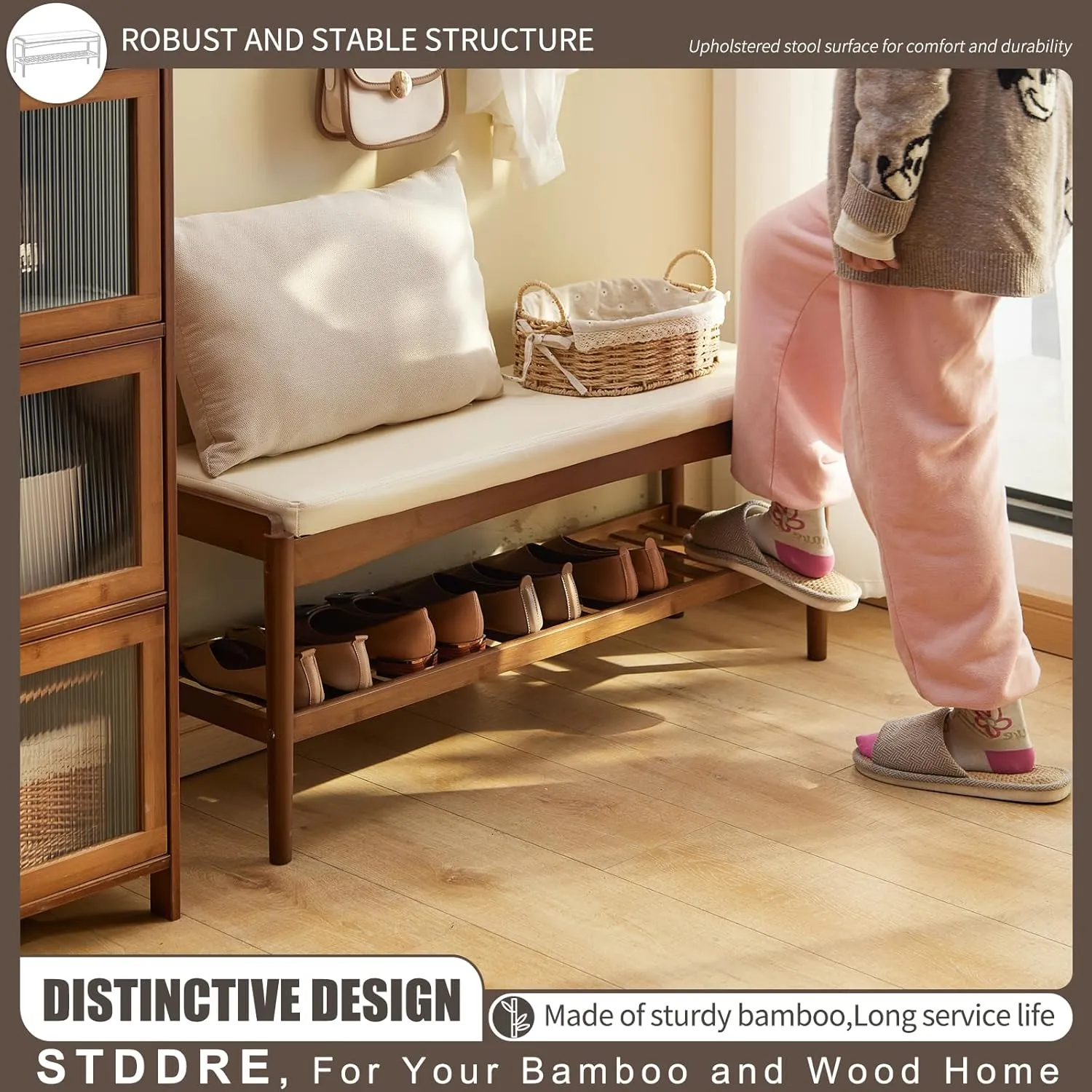 Shoe Rack Bench Entryway Bamboo Shoe Storage Bench with Leather Cushion 2 Tiers Shoe Rack Entryway Bench for Hallway, Living Room,Bedroom(Beige Bench top Brown Frame)